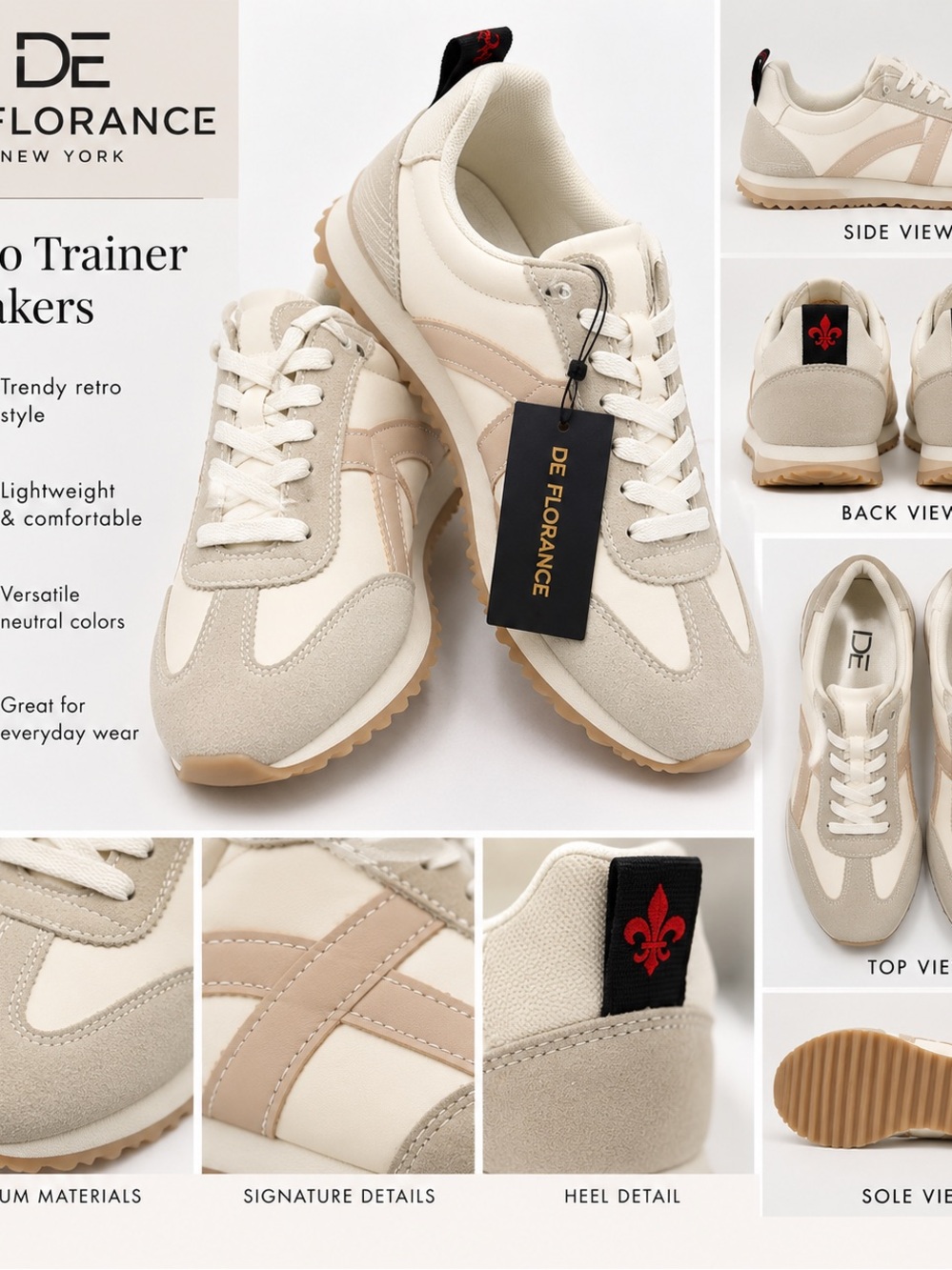 De Florance Women’s Cream & Tan Retro Trainer Sneakers
